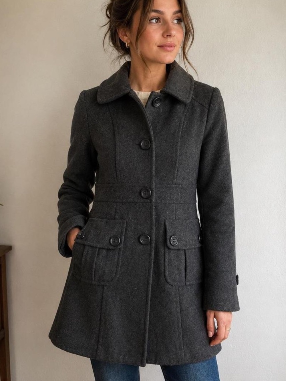 Anthropologie Tulle Charcoal Gray Mid-Length Coat